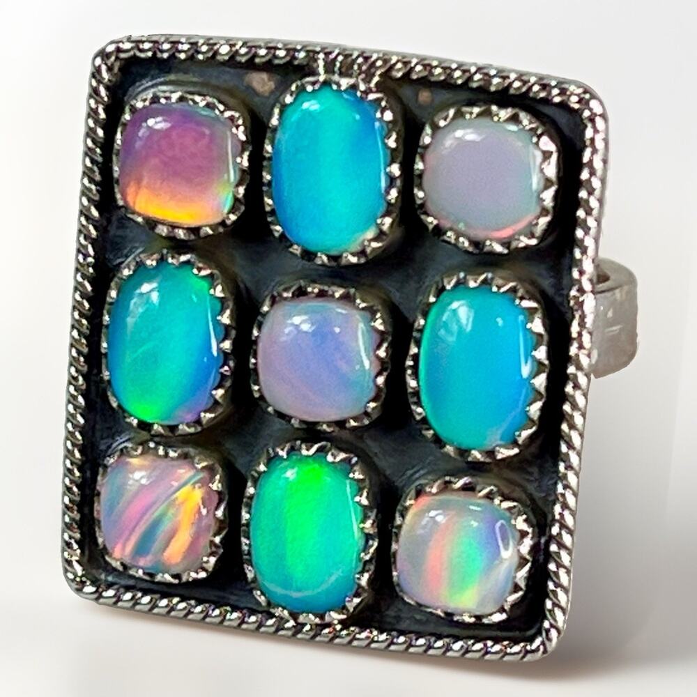 Aurora Opal Sterling Silver Southwestern Square Cluster Statement Ring Adjust Sz